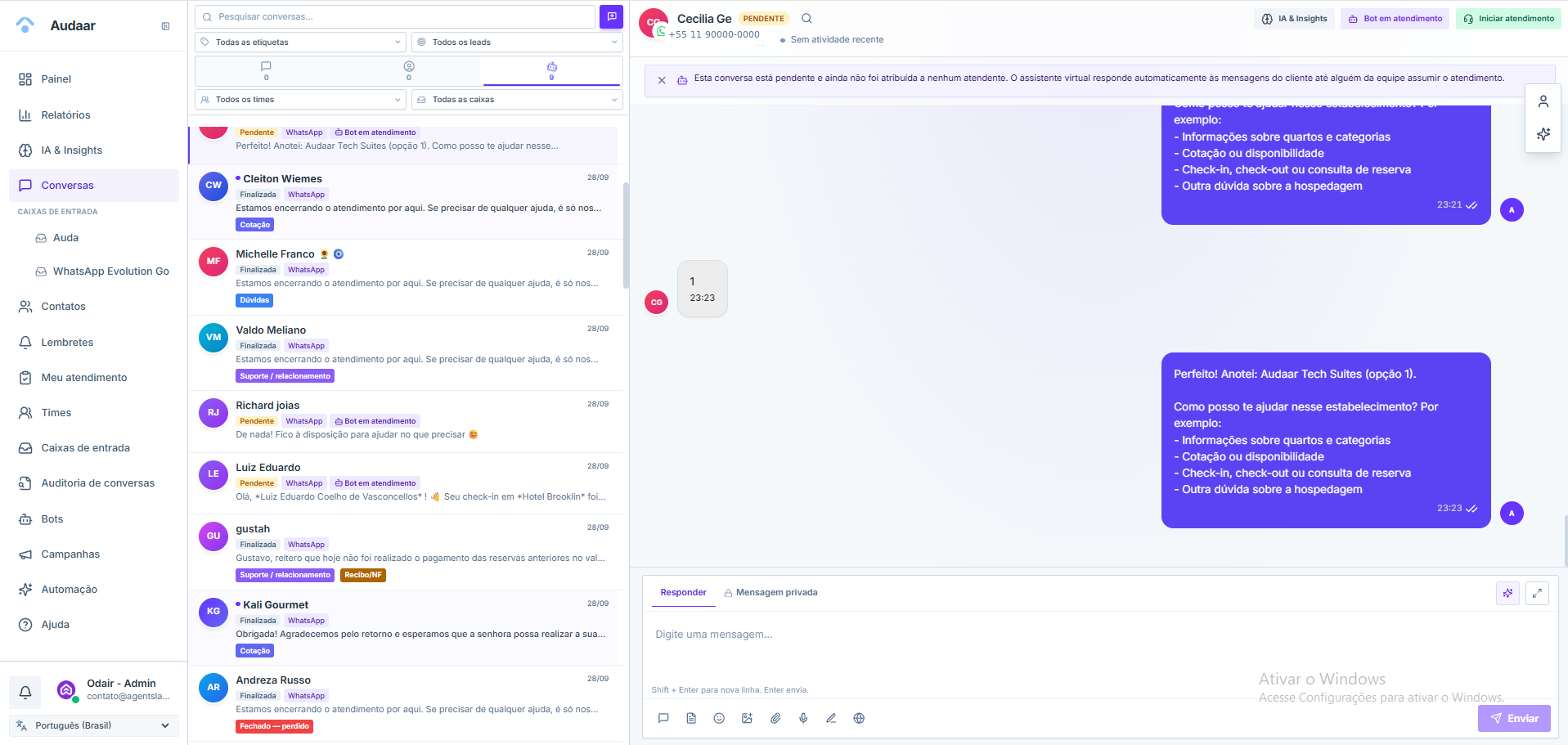 Tela real de conversas e atendimento do OpenNexo com telefone fictício